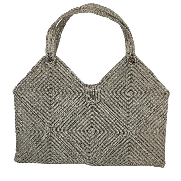 Vintage Handmade Gray Cross Stitch Plastic Canvas Woven Flower Accent Handbag - Picture 5 of 15